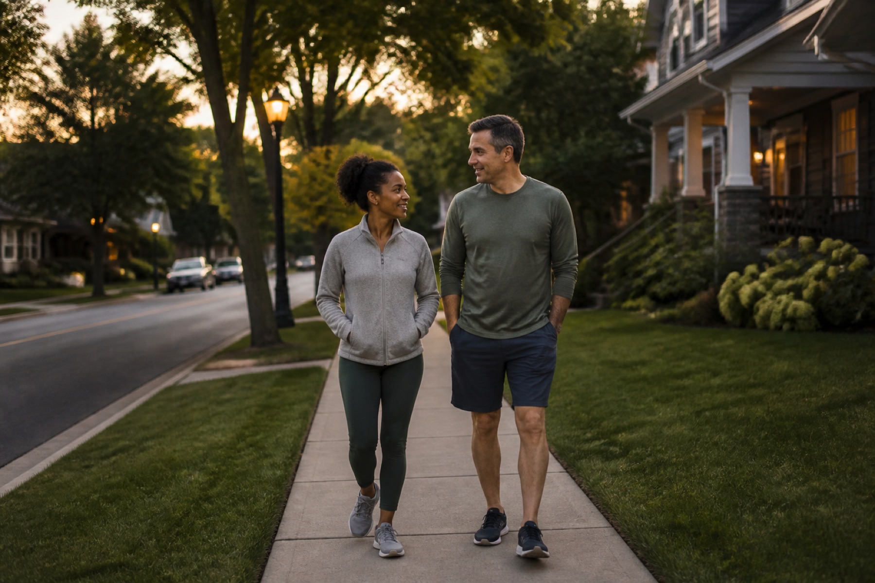 Two people taking a relaxed after-dinner walk through a quiet neighborhood in warm evening light.