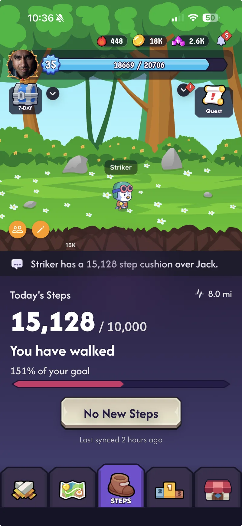 Step Rival 2.0 home screen with pet companion, quests, resources, and step progress