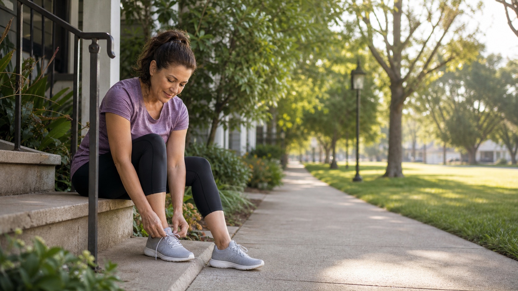A beginner walker tying their shoe before an easy neighborhood walk.