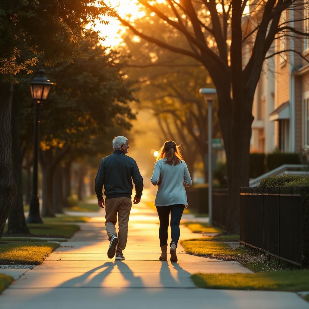 Two people choosing an easy neighborhood walking route on a quiet sidewalk.