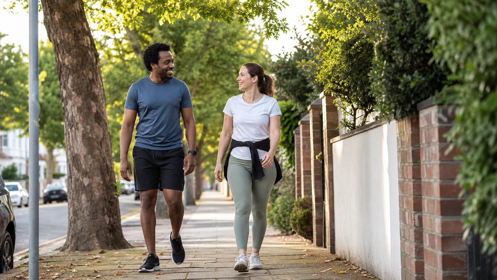 Two people taking a relaxed morning walk on a tree-lined neighborhood sidewalk.