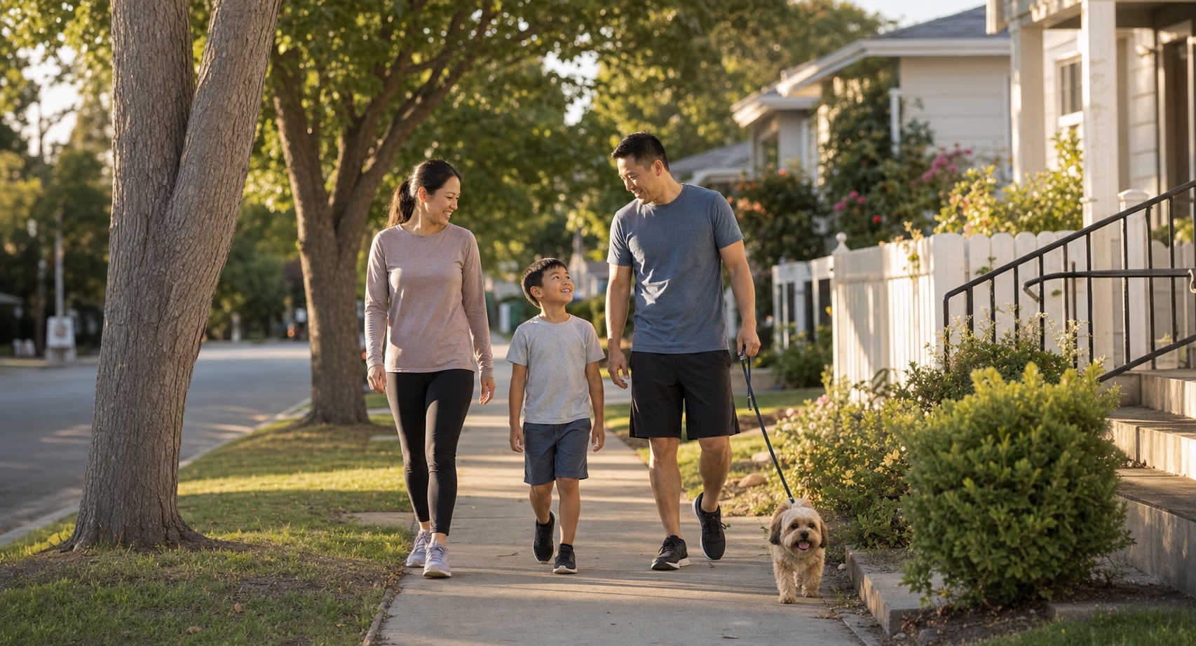 A family taking an easy neighborhood walk together in warm daylight.