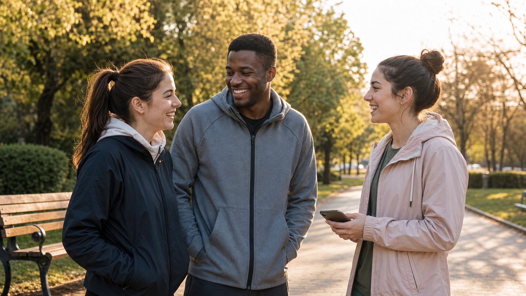 Friends gathering on a park path before starting a casual walk together.