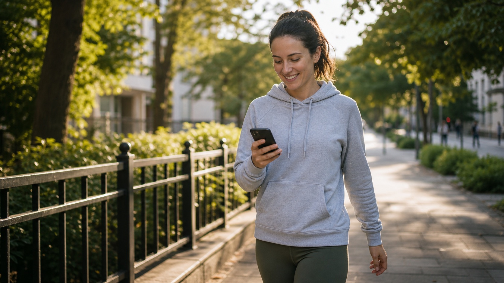 A person checking their phone after a calm walk on a green city path.