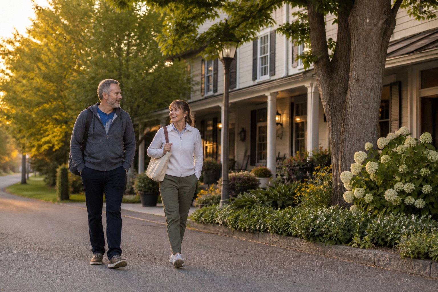 Two people taking an easy walk with small bags on a quiet neighborhood street away from home.
