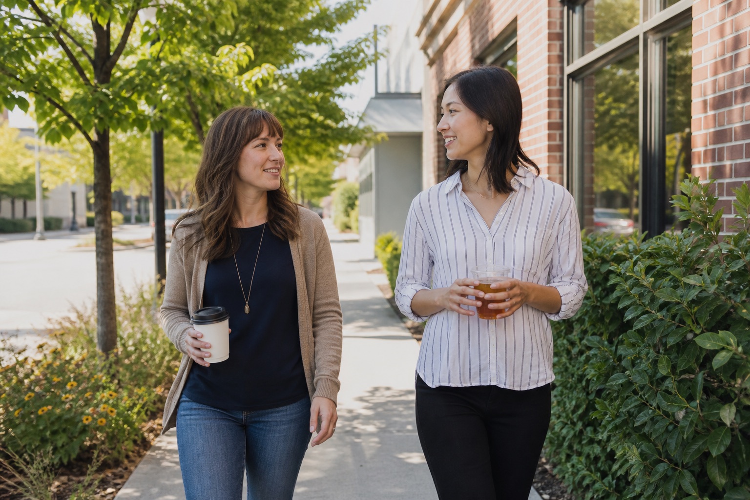 Two people taking an easy lunch break walk on a sunny sidewalk near work.