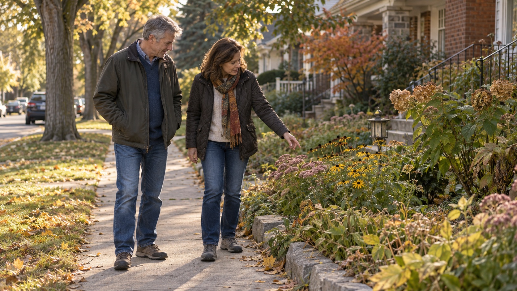 Two people noticing a colorful neighborhood garden during a relaxed walk on a familiar sidewalk.