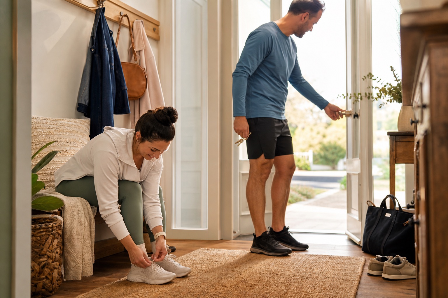 Two people getting ready for an easy neighborhood walk near a warm home entryway.