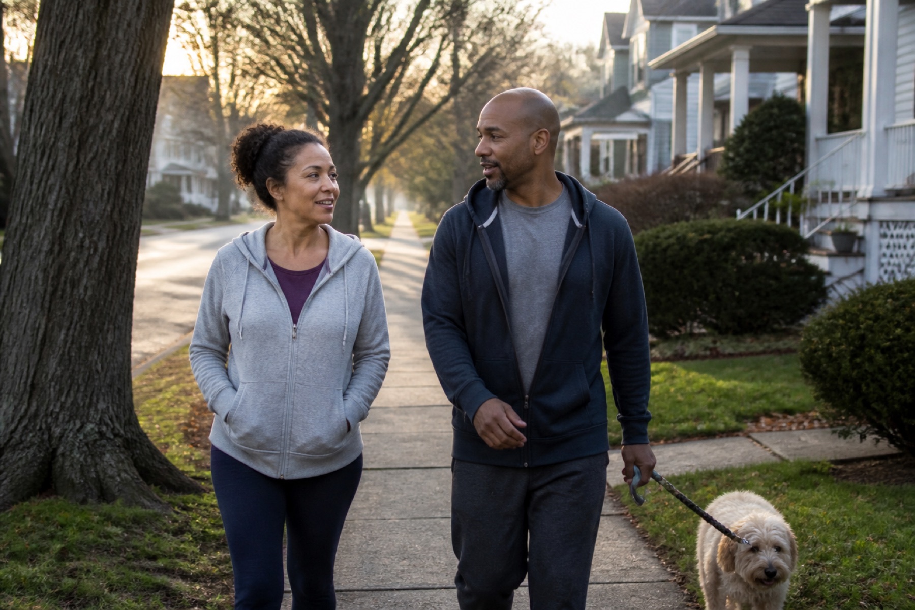 Two people taking an easy morning walk together on a quiet neighborhood sidewalk.