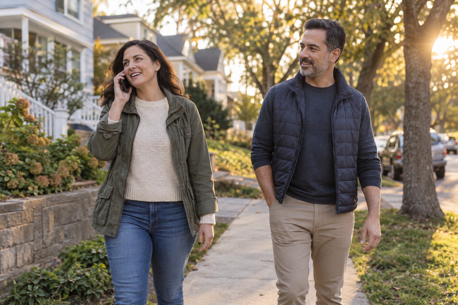 Two people taking a relaxed neighborhood walk while one person talks on a phone.