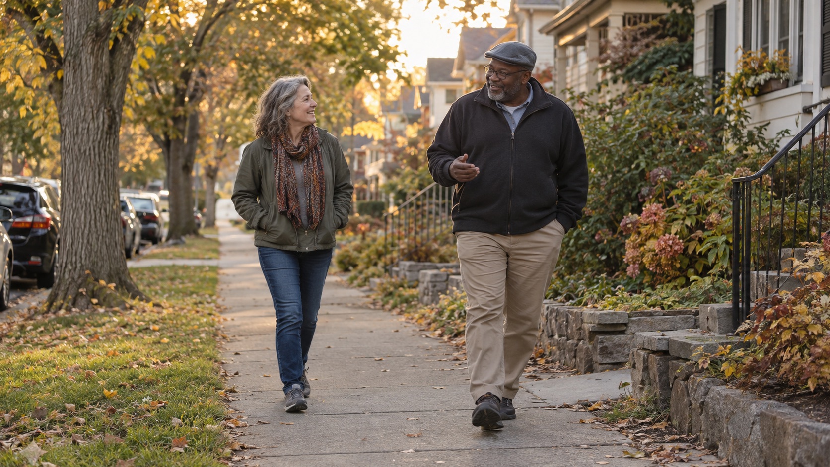 Two friends sharing a relaxed autumn neighborhood walk at their own comfortable paces.