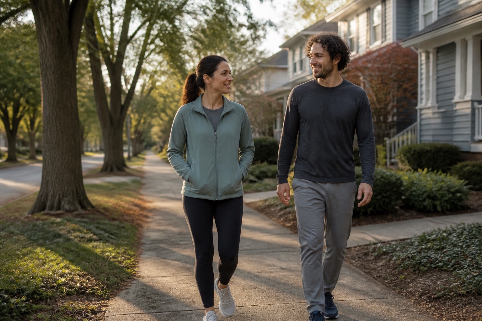 Two people taking a gentle low-energy walk together on a quiet neighborhood sidewalk.