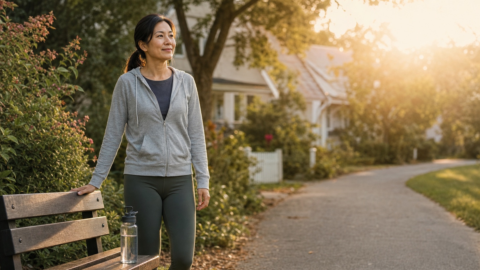 A person taking a calm sunset walk on a quiet neighborhood path.