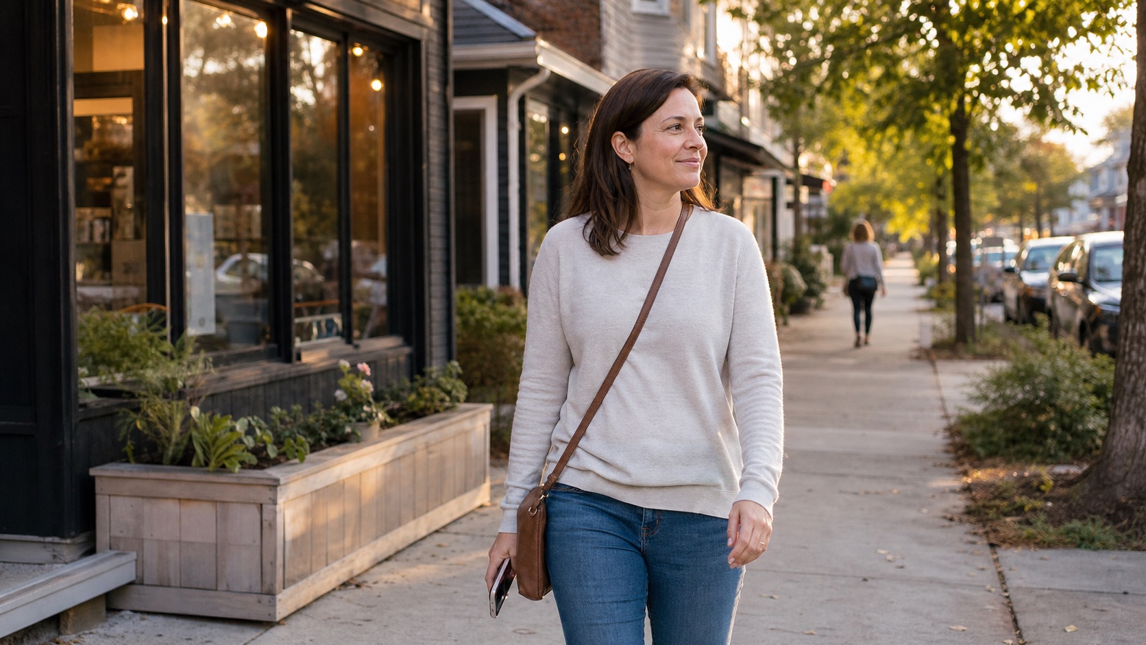 A person taking a relaxed walk on a neighborhood sidewalk after stepping away from a busy day.