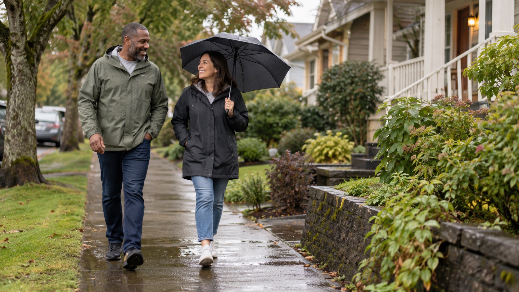 Two people taking a calm neighborhood walk in light rain with jackets and umbrellas.