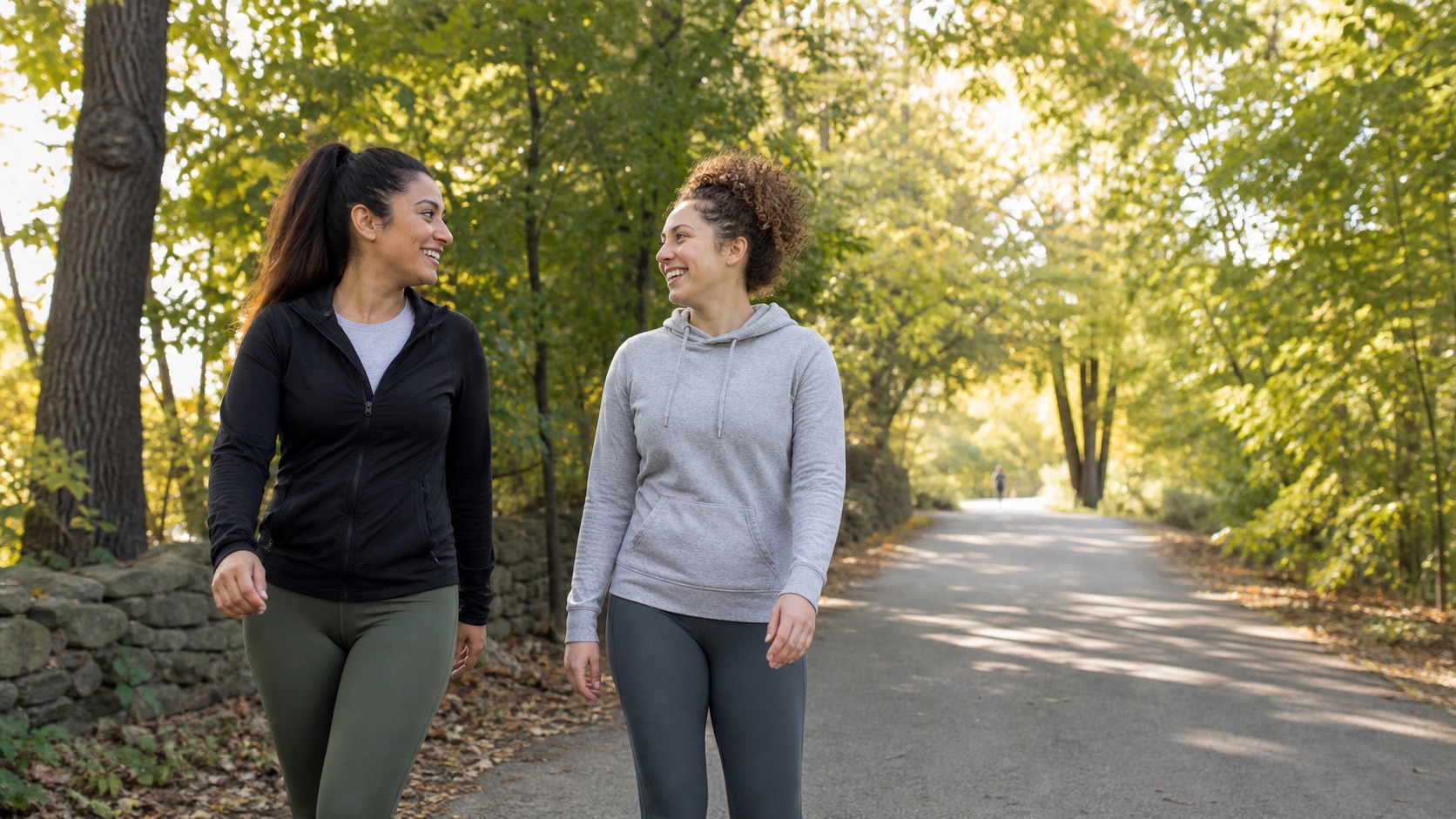 Two friends walking together on a wide neighborhood trail in soft daylight.
