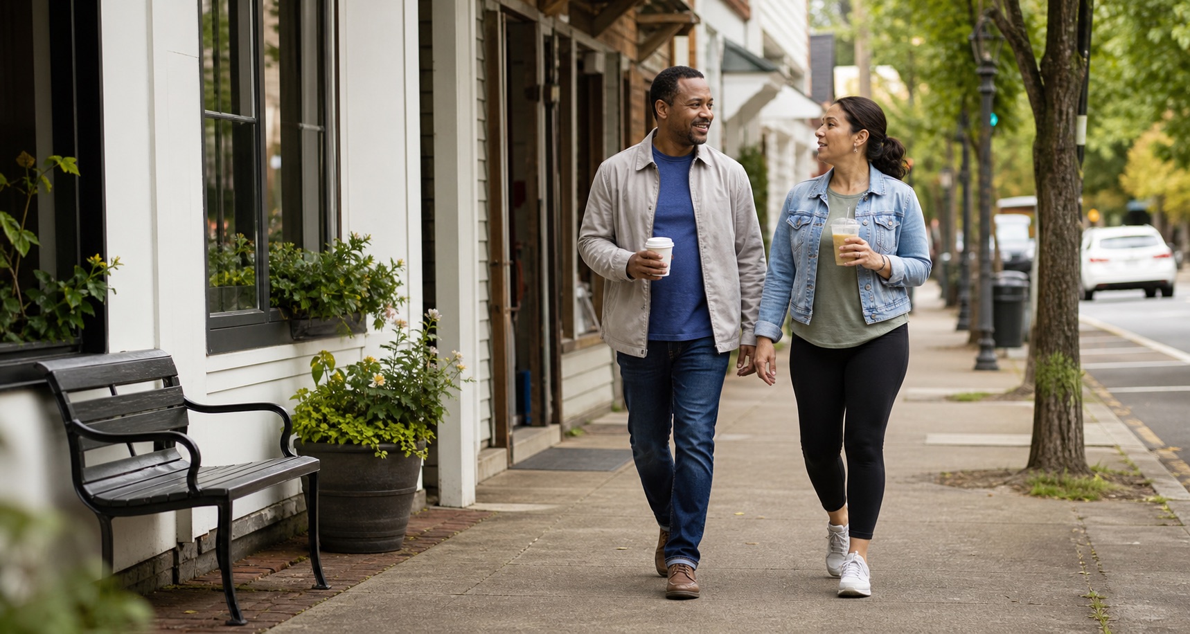 Two people taking an easy weekend walk past small neighborhood shops in warm daylight.